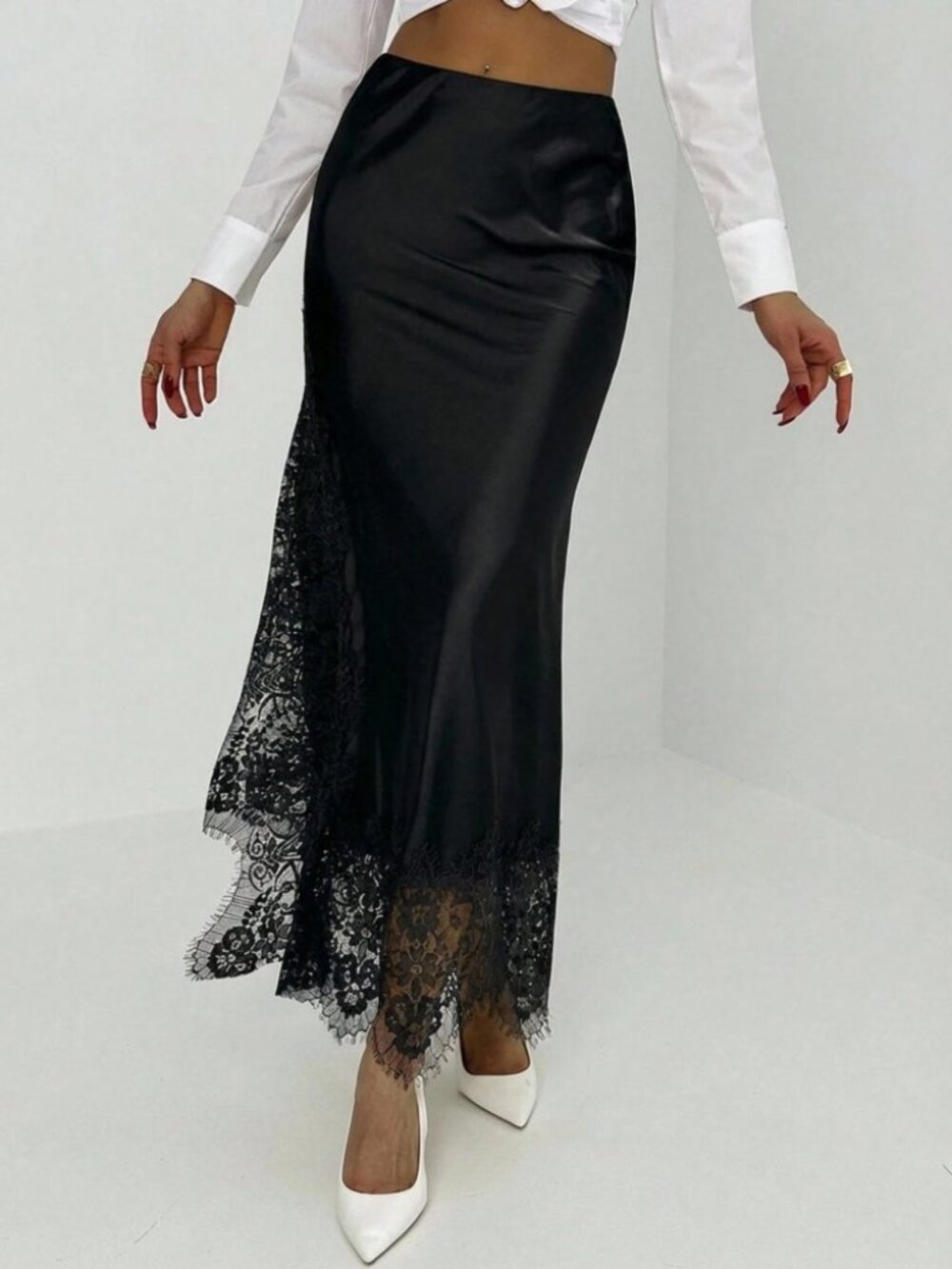 Black Satin Maxi Skirt with Sheer Lace Panel